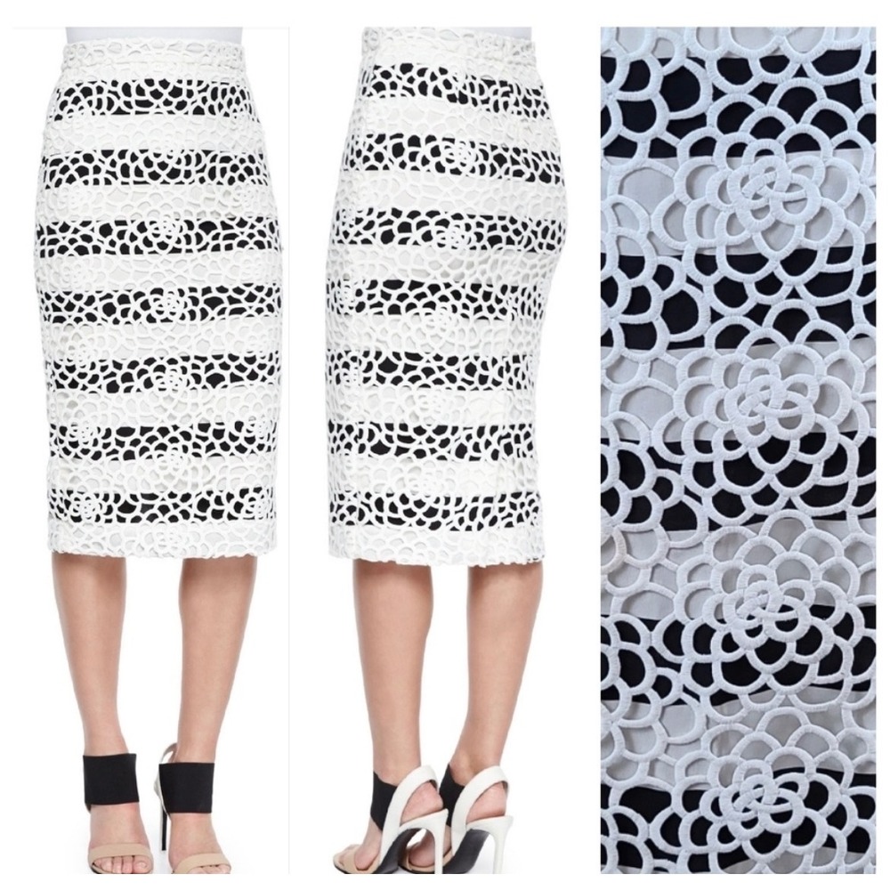 A.L.C. Della Floral Guipure Lace Striped Silk Lined Midi Skirt Black White 6